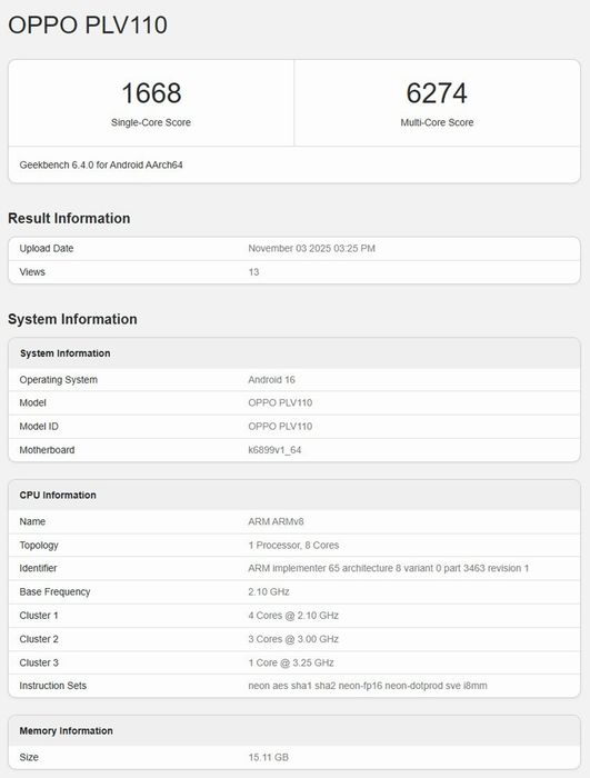 OPPO Reno15 Series đã được thử nghiệm hiệu năng trên Geekbench