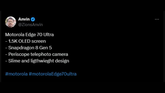 Một tin rò rỉ tiết lộ những điểm đặc biệt của Motorola Edge 70 Ultra.