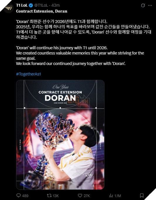 LMHT: T1 Chính Thức Tái Ký Hợp Đồng 1 Năm Với Đường Trên Doran