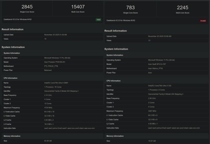 Điểm Geekbench của Intel Core Ultra 9 386H (trái) và Core Ultra 5 322 (phải).