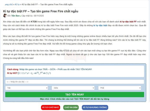 Khám Phá Cách Tạo Tên Free Fire Chất Ngầu Cùng Ktdb.Net – Công Cụ Tạo Tên FF Ký Tự Đặc Biệt Hot Nhất 2025
