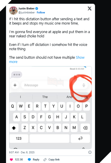 Justin Bieber Tiếp Tục Gây Chú Ý Khi Phàn Nàn Về Giao Diện Ứng Dụng Tin Nhắn của Apple 2