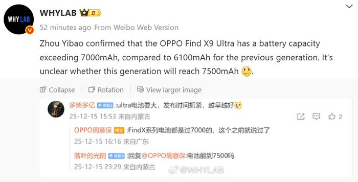 OPPO Find X9 Ultra chính thức xác nhận trang bị viên pin với dung lượng vượt mức 7,000mAh.