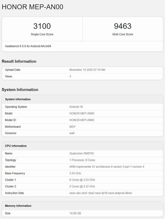 HONOR 500 Pro gây ấn tượng mạnh mẽ với hiệu năng vượt trội trên Geekbench.