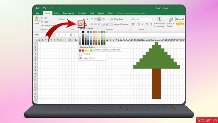 Tô màu nâu cho phần thân cây