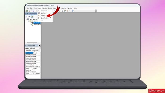 Mở Module từ mục Insert
