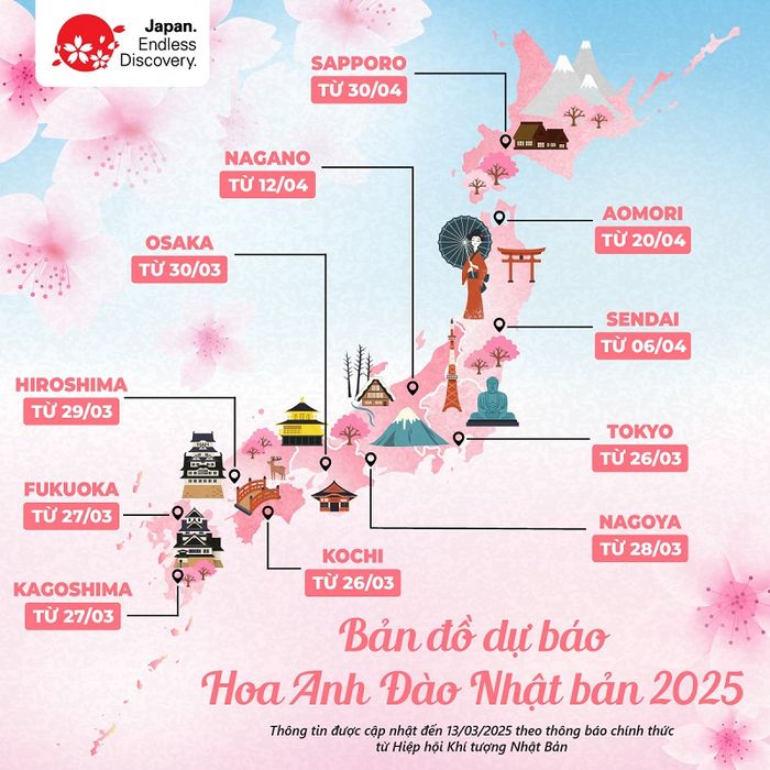 Bản đồ dự báo lịch hoa anh đào Nhật Bản năm 2025