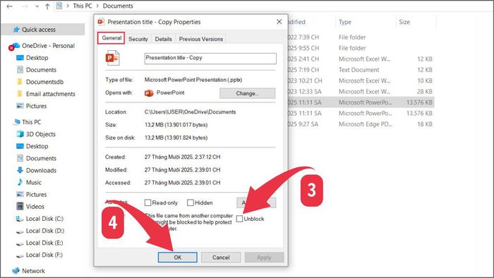 Cách khắc phục lỗi Repair khi mở file PowerPoint: Unblock File Bước 3