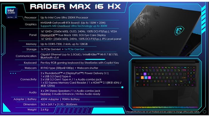 Raider 16 Max HX ứng dụng công nghệ MSI Overboost, giúp tổng công suất vận hành đạt mức kỷ lục 300W.