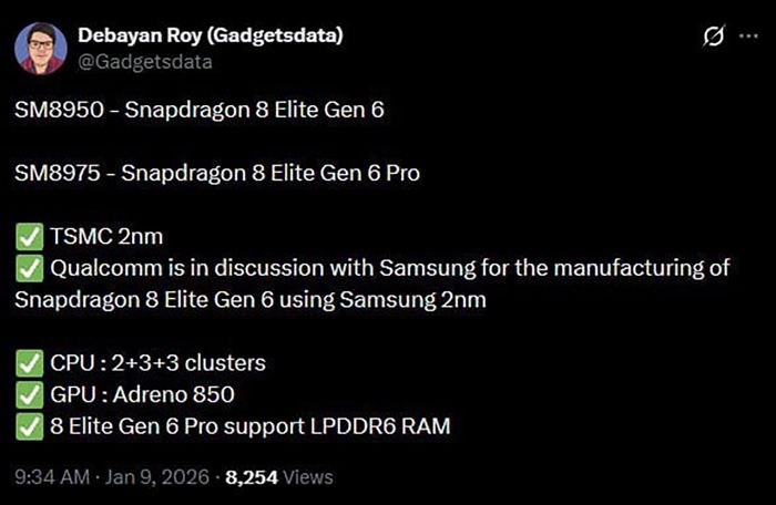 Vi xử lý Snapdragon 8 Elite Gen 6 sẽ được phát hành dưới hai phiên bản: tiêu chuẩn và Pro.