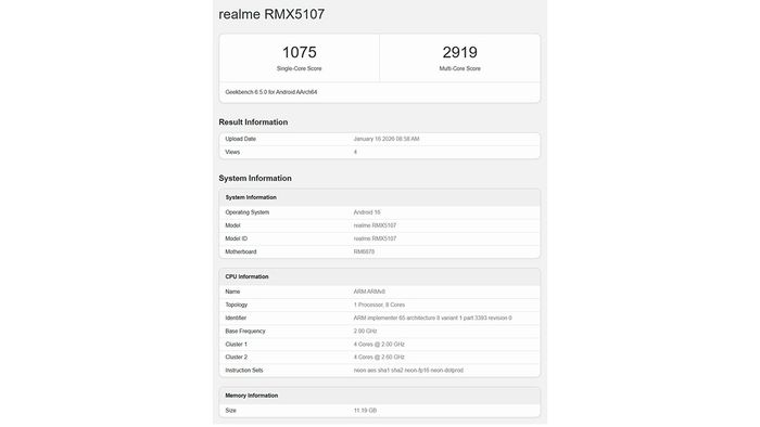 realme P4 Power đã được kiểm tra hiệu năng trên Geekbench