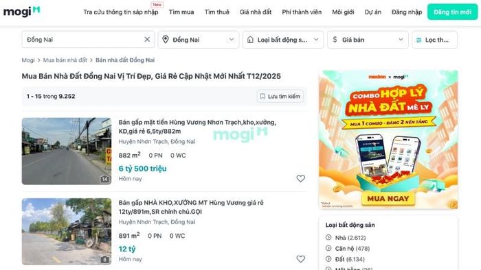 Giao diện tra cứu thông tin mua bán nhà đất Đồng Nai trên Mytour.vn