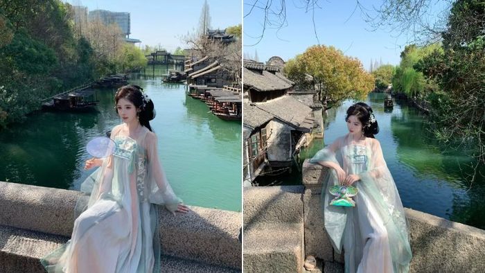 Chụp ảnh trong trang phục Hán phục giữa khung cảnh cổ kính và lãng mạn của cổ trấn
