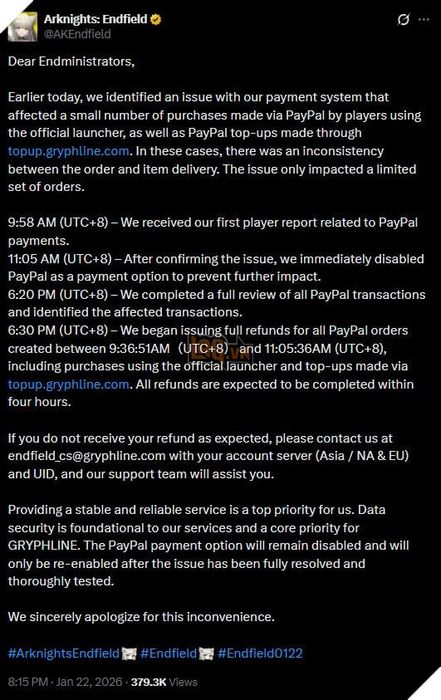 Nhiều người chơi Arknights: Endfield bất ngờ bị trừ hàng trăm đô-la thông qua Paypal 3