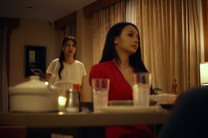 Hình ảnh một người phụ nữ trẻ trong chiếc váy đỏ liên tục xuất hiện, lảng vảng quanh căn nhà