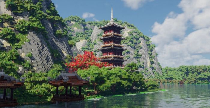 Khung cảnh mang màu sắc siêu thực do đội Việt Nam kiến tạo trong game Minecraft