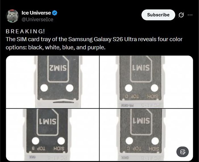 Ice Universe đăng tải hình ảnh khay SIM của Galaxy S26 Ultra trên X