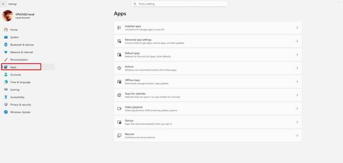 Mở mục Apps trong phần Cài đặt trên máy tính