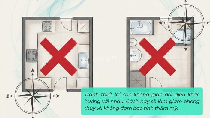 Tránh thiết kế các không gian có sự đối kháng hướng với nhau