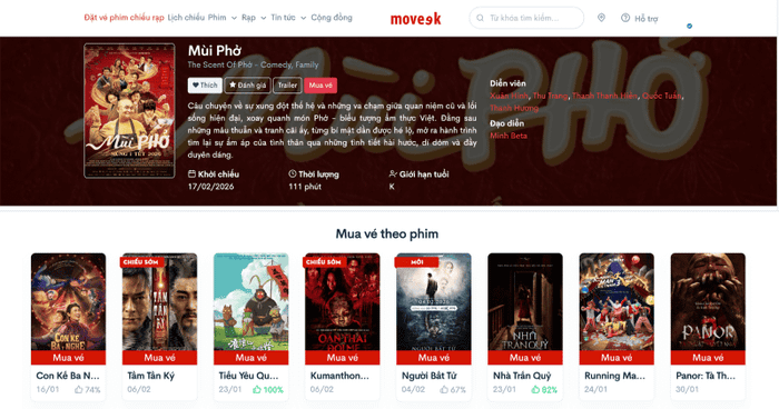 Dễ dàng xem lịch chiếu và mua vé xem phim Mùi Phở với tốc độ nhanh chóng và tiện lợi ngay trên Mytour.