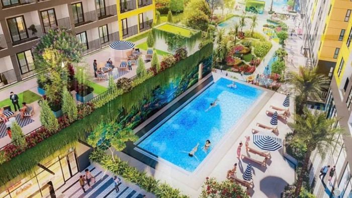 Khu tiện ích sinh hoạt chung nổi bật với hồ bơi ngoài trời tại chung cư Bcons Green Land Dĩ An