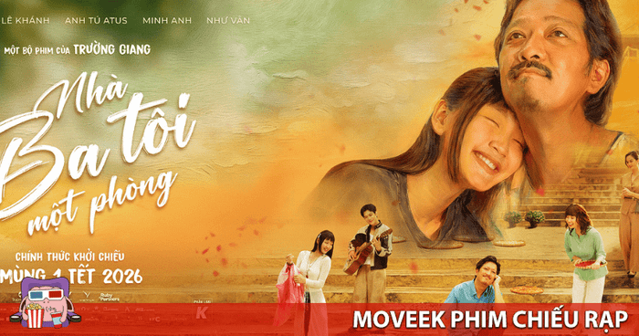 Poster của 'Nhà Ba Tôi Một Phòng' tràn ngập không khí gia đình ngày Tết, mang đến cảm giác ấm áp, thân thương.