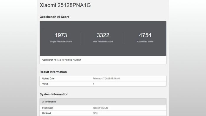 Điểm số của Xiaomi 17 Ultra Leica Edition quốc tế vừa được công bố trên Geekbench AI
