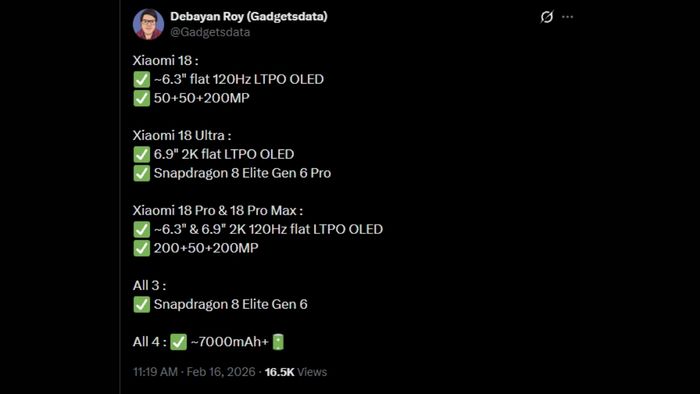Xiaomi 18 series sẽ phân chia rõ ràng các phiên bản chip giữa dòng máy tiêu chuẩn và phiên bản Ultra cao cấp.