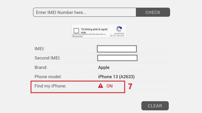 Bước 3 trong cách kiểm tra iCloud ẩn trên iPhone cũ bằng số IMEI