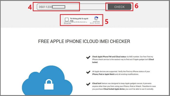 Bước 2 trong việc kiểm tra iCloud ẩn trên iPhone cũ bằng số IMEI