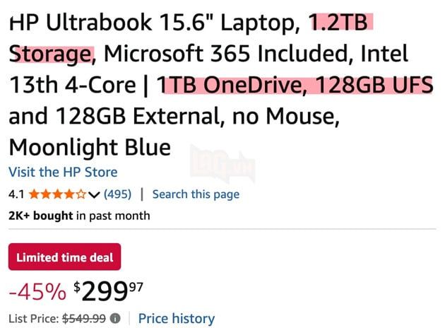 Cảnh báo: Bẫy laptop giá rẻ 1.2TB trên Amazon nhưng lại chỉ là dung lượng ảo từ OneDrive 2