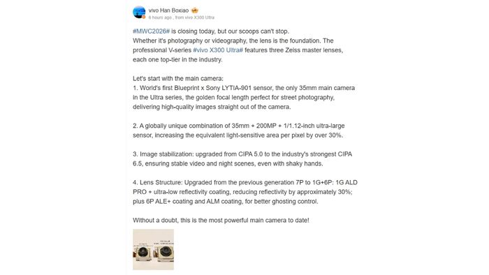 Giám đốc điều hành vivo xác nhận X300 Ultra sẽ được tích hợp cảm biến 200MP Sony LYTIA-901 hoàn toàn mới