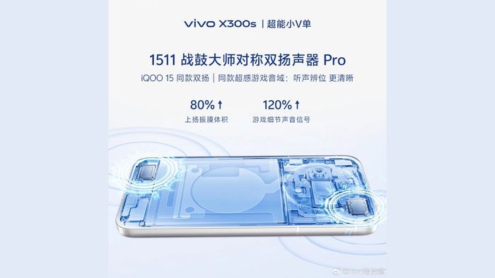 vivo X300s được trang bị hệ thống loa kép đối xứng (tương tự iQOO 15) cùng động cơ rung 4D mạnh mẽ.