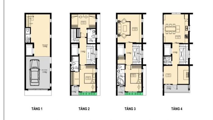 Mặt bằng nhà ống: với mặt tiền hẹp và chiều sâu dài (Nguồn: 3bdesign)