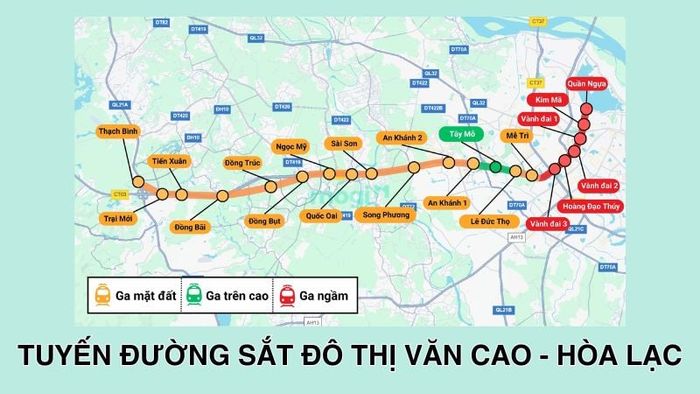 Vị trí các ga trên tuyến metro Văn Cao - Hoà Lạc