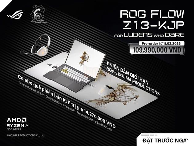 Hình ảnh thể hiện một khu vực trưng bày quảng bá cho bàn phím ROG FLOVI KOJIma, nổi bật với minh họa hình rồng và mã sản phẩm dành cho chương trình đặt trước. Nội dung do AI tạo ra có thể không hoàn toàn chính xác.