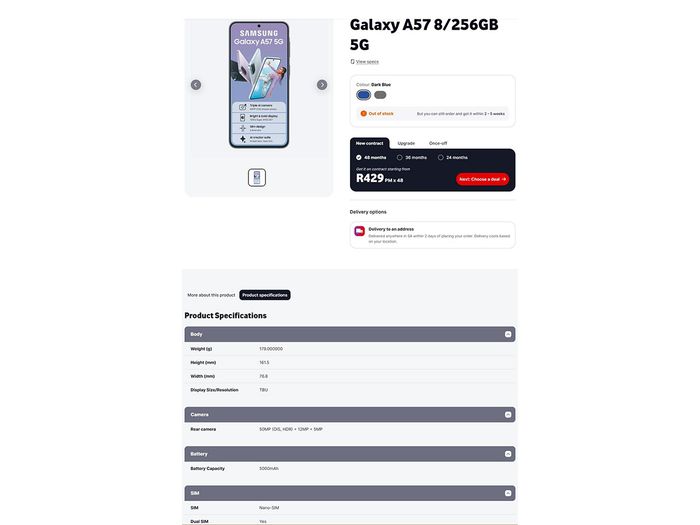 Danh sách niêm yết Galaxy A57 tại nhà bán lẻ
