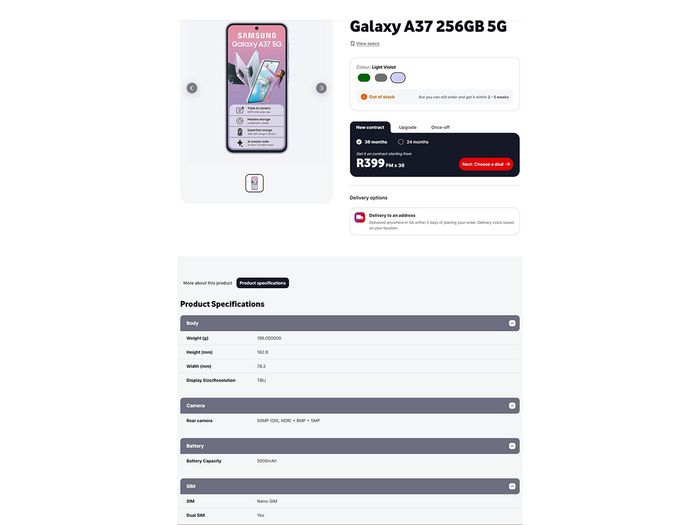 Danh sách niêm yết của Galaxy A37 trên nhà bán lẻ