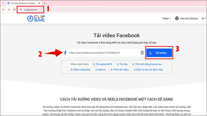 Tải video Facebook trên máy tính bằng ClipSave - bước 1,2,3