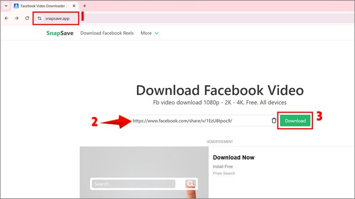 Tải video Facebook trên máy tính bằng SnapSave - bước 1,2,3