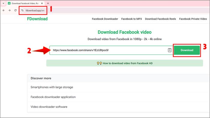Tải video Facebook trên máy tính bằng Fdownload - bước 1,2,3