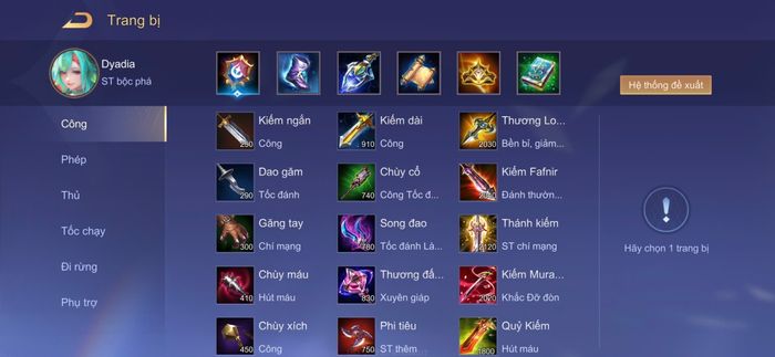 Trang bị full phép cho Dyadia