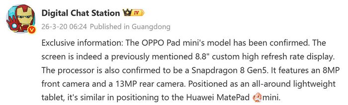 OPPO Pad Mini hé lộ cấu hình chi tiết