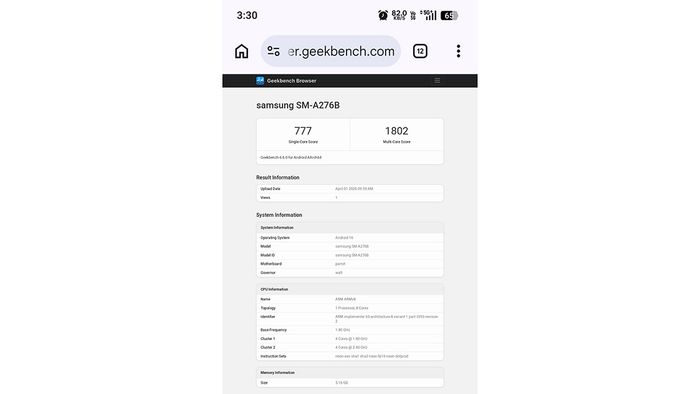 Hiệu năng Geekbench của Galaxy A27 5G