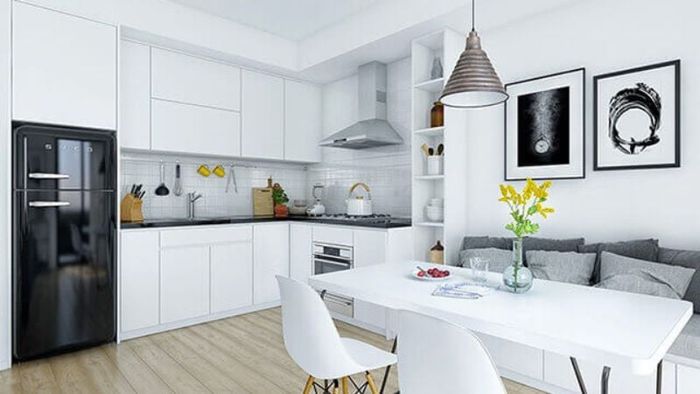 Một trong những cách bố trí bếp phổ biến là áp dụng nguyên tắc “tam giác làm bếp” để tạo sự thuận tiện khi sử dụng các khu vực trong bếp.