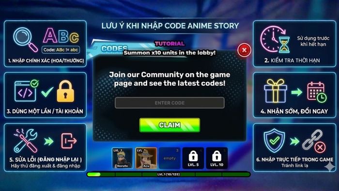Lưu ý khi nhập mã code Anime Story