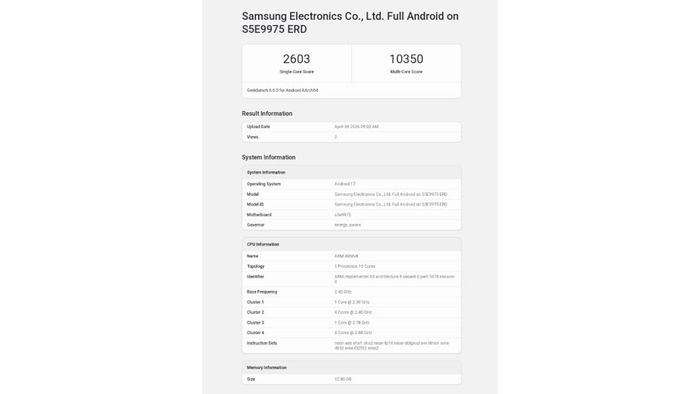 Hiệu năng của Exynos 2700 trên Geekbench