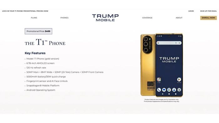 Trang sản phẩm Trump T1 Phone đã cập nhật một diện mạo hoàn toàn mới, tiếp tục gây chú ý.