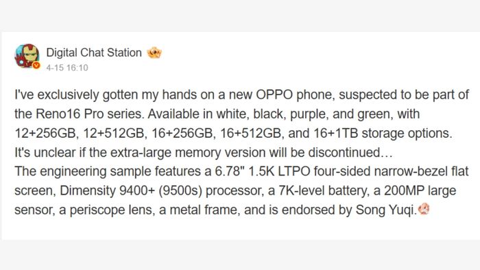 Th&ocirc;ng tin chi tiết về OPPO Reno16 Pro bị r&ograve; rỉ, tiết lộ c&aacute;c th&ocirc;ng số kỹ thuật ch&iacute;nh của mẫu điện thoại n&agrave;y.
