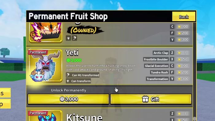 Cách lấy trái Yeti trong Blox Fruits: Mua từ shop khi có mặt